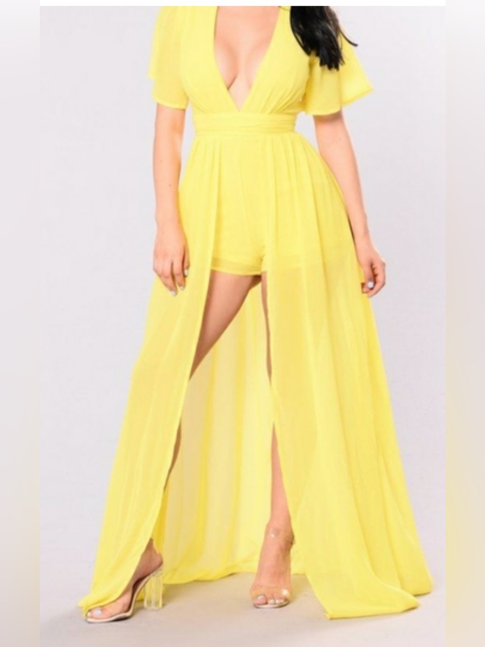 FAVLUX Bright Yellow V-Neck Short-Sleeve Jumpsuit w train L fits like M